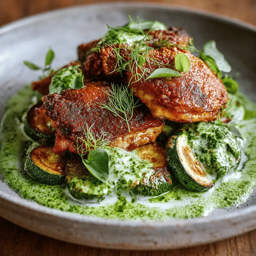 Crispy Chicken Recipe with Blistered Courgettes and Herby Green Sauce