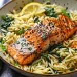 30-Minute Seared Salmon with Lemon Orzo
