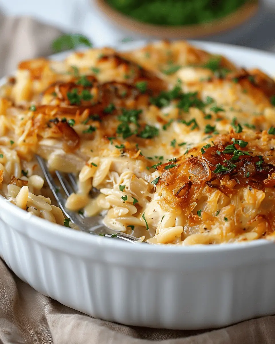 French Onion Chicken Orzo Casserole with Turkey Bacon Delight