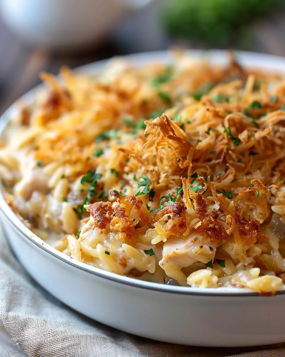 French Onion Chicken Orzo Casserole