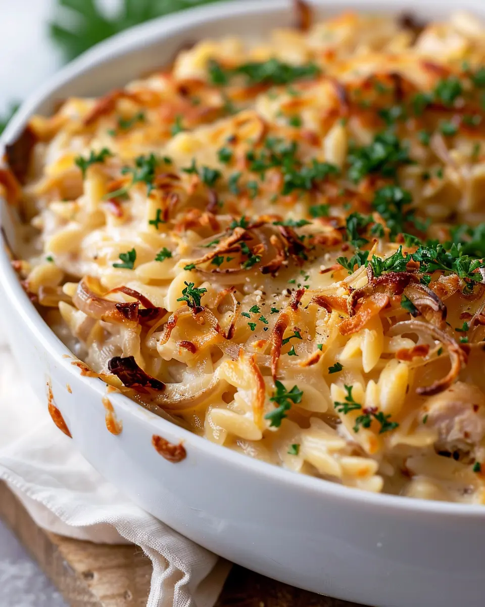 French onion chicken orzo casserole: a cozy, comforting delight