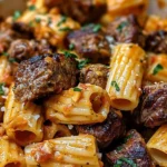 Cajun Steak Tips in Cheesy Rigatoni Parmesan Sauce