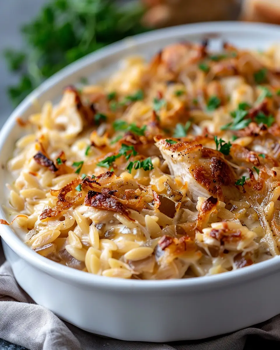 French Onion Chicken Orzo Casserole: Hearty Family Comfort Dish