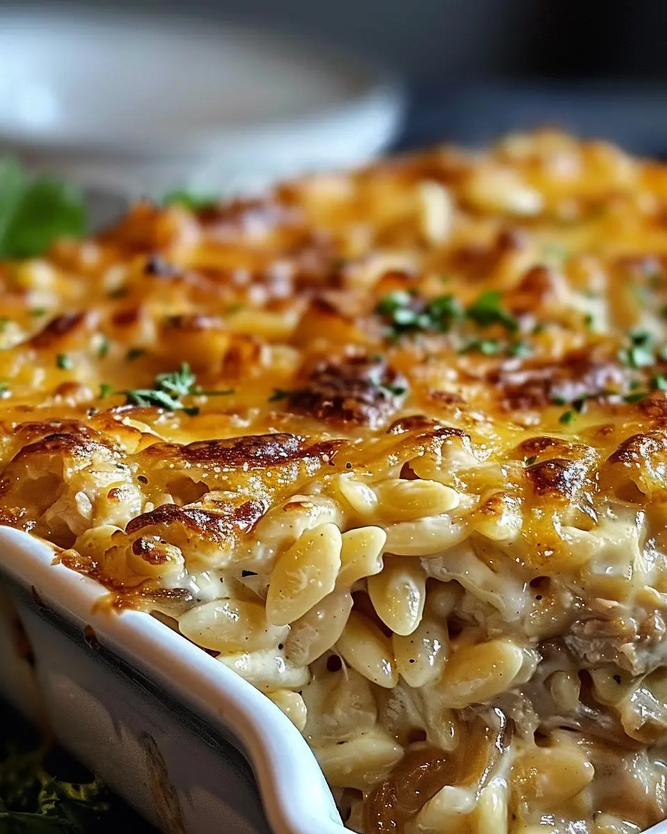 French Onion Chicken Orzo Casserole