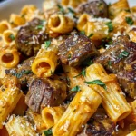Cajun Steak Tips in Cheesy Rigatoni Parmesan Sauce