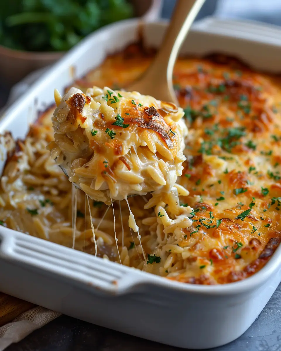 French Onion Chicken Orzo Casserole