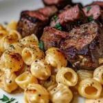 Steak Bites and Shell Pasta in Garlic Butter Alfredo Sauce