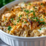 French Onion Chicken Orzo Casserole