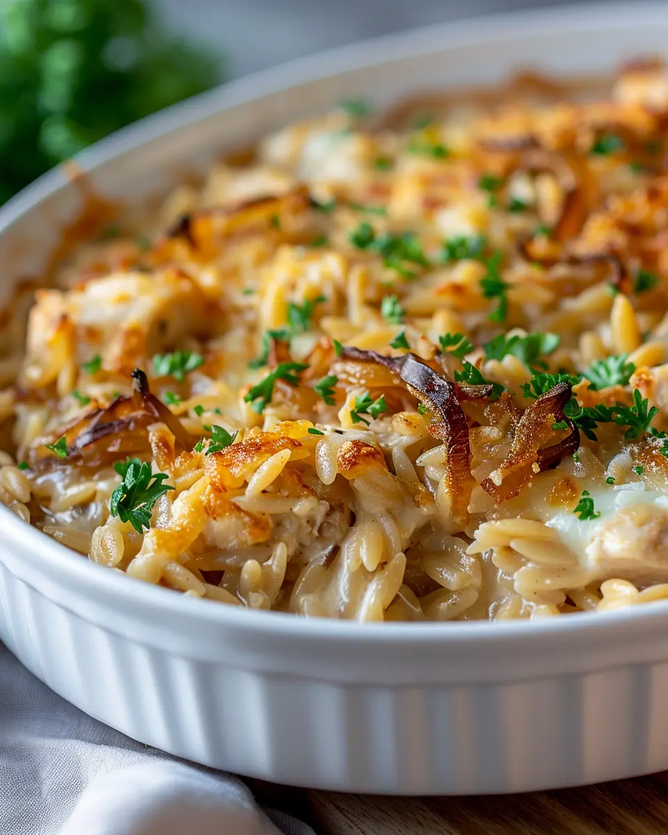 French Onion Chicken Orzo Casserole