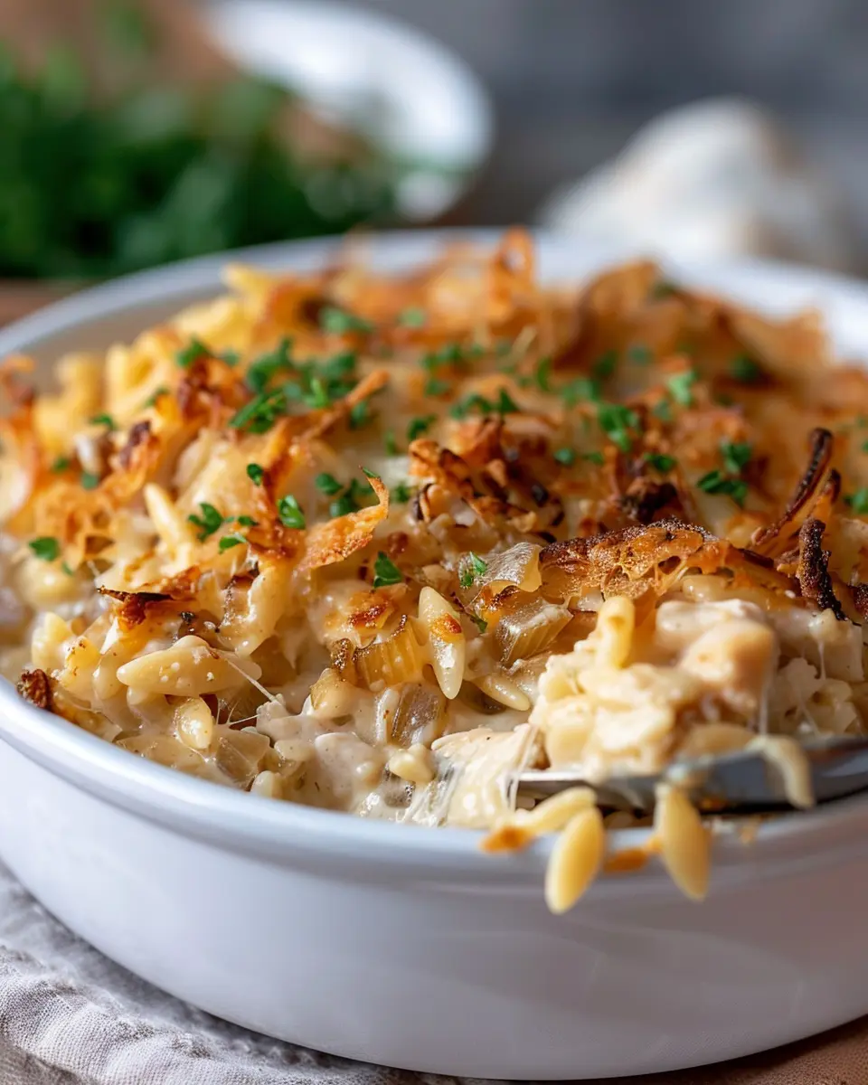 French Onion Chicken Orzo Casserole